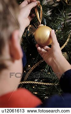 Banco de Imagem - menino,  pôr, 
 ornamento,  natal, 
 árvore. fotosearch 
- busca de fotos, 
imagens e clipart