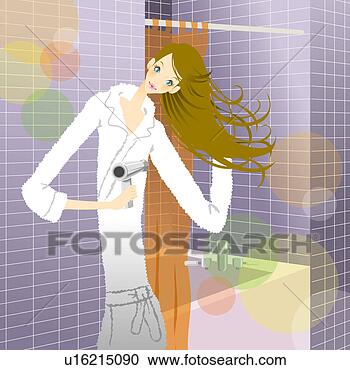 Arquivos de Ilustração - jovem,  mulher, 
 bathrobe,  secar, 
 cabelo,  banheiro. 
fotosearch - busca 
de ilustrações 
clipeart e desenhos