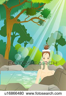 Arquivos de Ilustração - jovem,  mulher, 
 toalha,  embeber, 
 árvores,  pedras. 
fotosearch - busca 
de ilustrações 
clipeart e desenhos