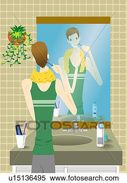 Stock Illustration - young man shaving, 
looking at mirror, 
rear view. fotosearch 
- search clipart, 
illustration, 
drawings and vector 
eps graphics images