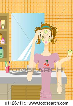 Stock Illustration - young woman applying 
sliced cucumbers 
on face in bathroom. 
fotosearch - search 
clipart, illustration, 
drawings and vector 
eps graphics images