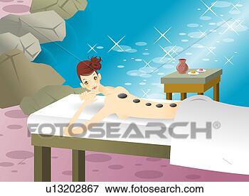 Stock Illustration - young woman receiving 
hot stone treatment 
on massage table 
by pool. fotosearch 
- search clipart, 
illustration, 
drawings and vector 
eps graphics images