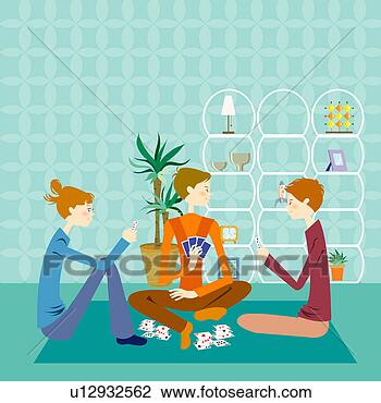 Clip Art - jeune, hommes, 
femme, jouer, 
cartes, plancher, 
vivant, salle. 
fotosearch - recherchez 
des cliparts, 
des illustrations, 
des dessins et 
des images vectoris�es 
au format eps