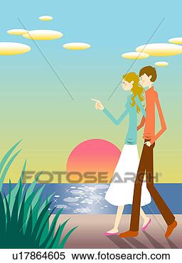 Archivio Illustrazioni - giovane coppia, camminare, vicino, spiaggia, a, tramonto. Fotosearch - Cerca Clipart, Disegni, Stampe decorative, Illustrazioni e immagini grafiche vettoriali EPS