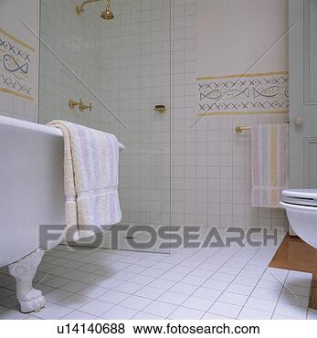 澡, 在, 现代, 白色, 潮湿, 房间, 由于, 玻璃, 阵雨,