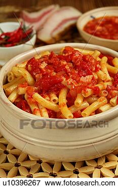 Picture - pasta amatriciana.  fotosearch - search  stock photos,  pictures, images,  and photo clipart