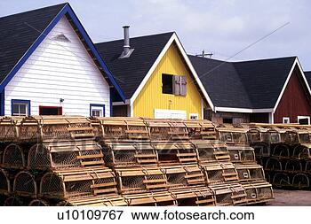 Picture - trocadie bay-lobster 
pots, fishing 
huts. fotosearch 
- search stock 
photos, pictures, 
images, and photo 
clipart