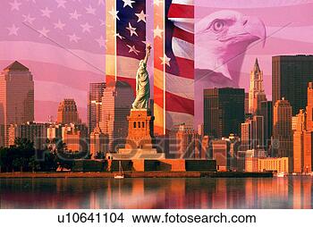 Stock Photo - photo montage: 
american flag 
and eagle,  world 
trade center, 
 statue. fotosearch 
- search stock 
photos, pictures, 
images, and photo 
clipart