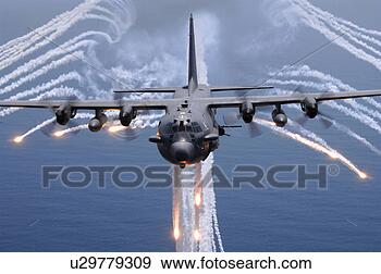Stock Photograph - an ac-130h gunship 
aircraft jettisons 
flares as an infrared. 
fotosearch - search 
stock photos, 
pictures, images, 
and photo clipart