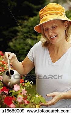 Stock Photograph - close-up of a 
mature woman watering 
plants and smiling. 
fotosearch - search 
stock photos, 
pictures, images, 
and photo clipart