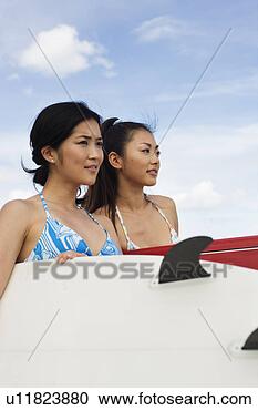 Stock Photography - close-up of young 
women standing 
with surfboards. 
fotosearch - search 
stock photos, 
pictures, images, 
and photo clipart