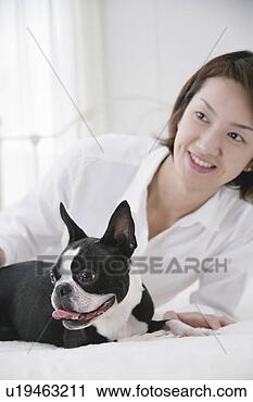 Stock Photography - young woman and 
boston terrier. 
fotosearch - search 
stock photos, 
pictures, images, 
and photo clipart