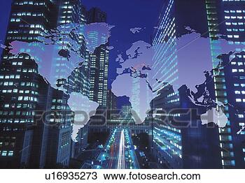 Stock Photo - high-rise buildings 
with image of 
world map at night, 
 cg. fotosearch 
- search stock 
photos, pictures, 
images, and photo 
clipart