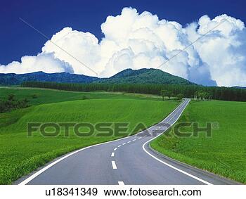 Stock Photograph - a road,  surrounded 
by a huge flat 
grassland under 
a blue sky,  high. 
fotosearch - search 
stock photos, 
pictures, images, 
and photo clipart