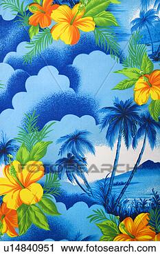 Stock Photography - close-up of bright 
blue hawaiian 
vintage fabric 
with orange hibiscus. 
fotosearch - search 
stock photos, 
pictures, images, 
and photo clipart