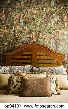 Picture - bed headboard 
with unique wallpaper. 
fotosearch - search 
stock photos, 
pictures, images, 
and photo clipart
