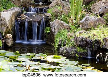Stock Photo - pond with waterfall 
and lily pads. 
fotosearch - search 
stock photos, 
pictures, images, 
and photo clipart