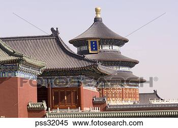 Stock Image - low angle view 
of the hall of 
annual prayer, 
 temple of heaven. 
fotosearch - search 
stock photos, 
pictures, images, 
and photo clipart