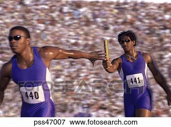 Picture - male athletes 
passing the baton. 
fotosearch - search 
stock photos, 
pictures, images, 
and photo clipart