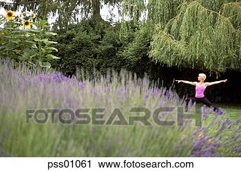 Stock Photography - woman in yoga 
pose near lavender 
field. fotosearch 
- search stock 
photos, pictures, 
images, and photo 
clipart