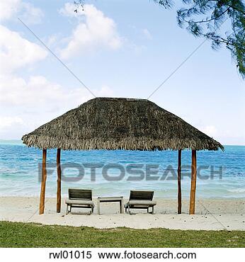 Stock Image - hut covering lawn 
chairs on tropical 
beach. fotosearch 
- search stock 
photos, pictures, 
images, and photo 
clipart
