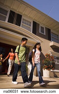 Stock Photography - mom and children 
with backpacks 
walking down front 
steps. fotosearch 
- search stock 
photos, pictures, 
images, and photo 
clipart