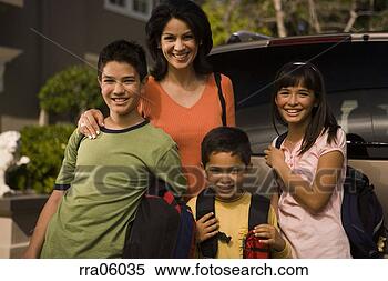 Stock Image - mom and children 
with backpacks 
by car. fotosearch 
- search stock 
photos, pictures, 
images, and photo 
clipart