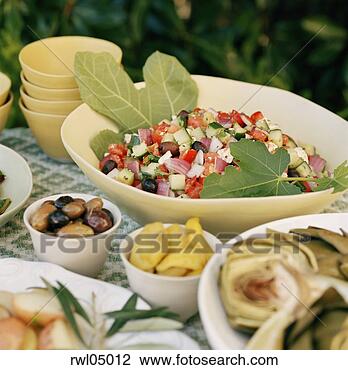 Stock Photo - salad, olives, 
pepperoncini and 
artichoke hearts 
on buffet table. 
fotosearch - search 
stock photos, 
pictures, images, 
and photo clipart