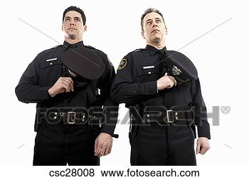 Banco de Imagem - macho,  polícia, 
 oficiais,  segurando, 
 seu,  chapéus, 
 seu,  peito. 
fotosearch - busca 
de fotos, imagens 
e clipart