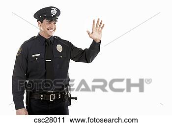 Arquivo de Fotografia - macho,  polícia, 
 oficial,  waving. 
fotosearch - busca 
de fotos, imagens 
e clipart