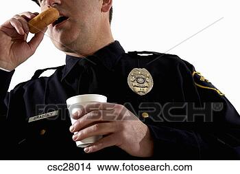 Banco de Imagem - macho,  polícia, 
 oficial,  tendo, 
 café,  filhós. 
fotosearch - busca 
de fotos, imagens 
e clipart
