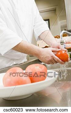 Banco de Imagem - macho,  cozinheiro, 
 lavando,  tomate. 
fotosearch - busca 
de fotos, imagens 
e clipart