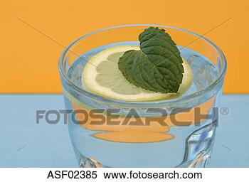 Stock Image - peppermint leaf 
on lemon slice 
in glass of water, 
close-up. fotosearch 
- search stock 
photos, pictures, 
images, and photo 
clipart