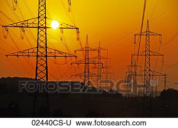 Stock Photo - electricity pylons 
and power lines, 
at sunset. fotosearch 
- search stock 
photos, pictures, 
images, and photo 
clipart