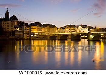 Stock Photo - switzerland, basel, 
rhine river, cityscape 
at night. fotosearch 
- search stock 
photos, pictures, 
images, and photo 
clipart