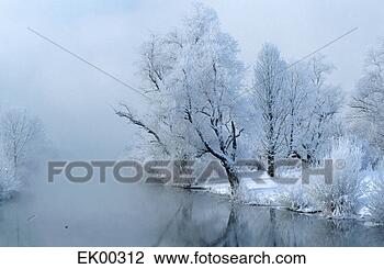 Banco de Imagem - alemanha,  bavaria, 
 amper,  rio, 
 neva-coberto, 
 árvore. fotosearch 
- busca de fotos, 
imagens e clipart