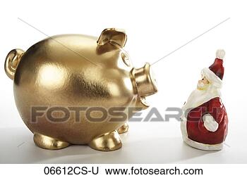 Stock Photo - golden piggy bank 
and santa claus 
figurine. fotosearch 
- search stock 
photos, pictures, 
images, and photo 
clipart