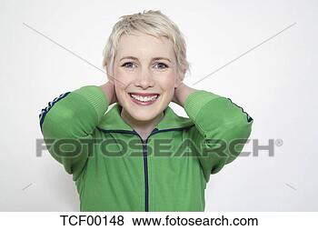 Banco de Imagem - mulher,  mãos, 
 atrás de,  pescoço, 
 retrato. fotosearch 
- busca de fotos, 
imagens e clipart