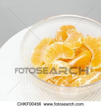 Banco de Imagem - fatias,  tangerines, 
 vidro,  tigela, 
 close-up. fotosearch 
- busca de fotos, 
imagens e clipart