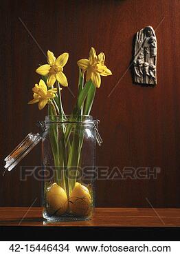 Stock Photo - easter decoration, 
daffodils and 
candles in jar. 
fotosearch - search 
stock photos, 
pictures, images, 
and photo clipart