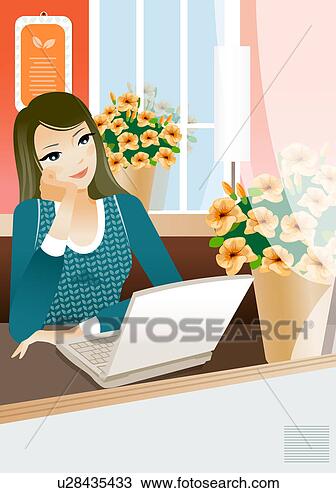 Drawing - woman sitting 
in front of a 
laptop and thinking. 
fotosearch - search 
clipart, illustration 
posters, drawings 
and vector eps 
graphics images
