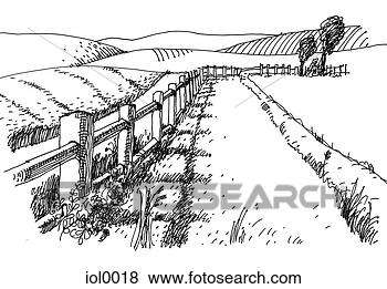 Stock Illustration of A black and white ink drawing of the countryside ...