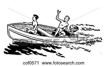 Clipart of A black and white version of two young boys enjoying a boat ...