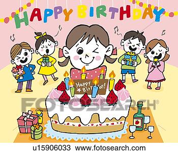 Drawing of Children celebrating Birthday, Painting, Illustration ...